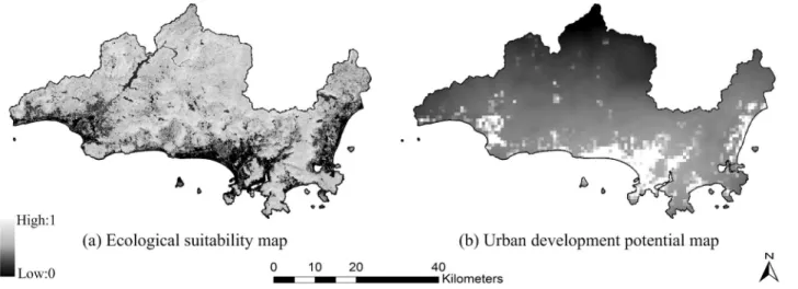 Fig 3. Ecological suitability and urban development potential maps of Sanya. (a) Ecological suitability map
