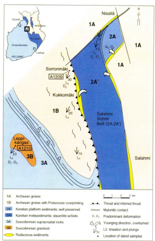 Fig. 1. The study area at the Archaean-Proterozoic boundary in central Finland (insert) consists of subareas: 