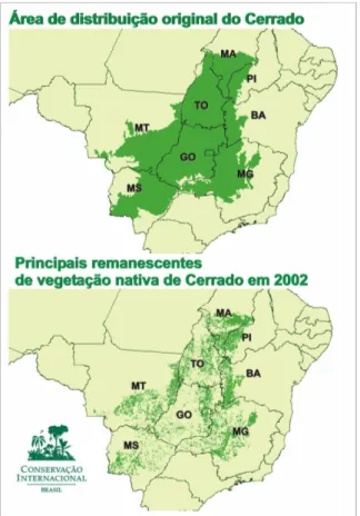 Figura 1: Regiões de Cerrado no Brasil   (em verde) com ocorrência de Caryocar   brasiliense Cambess