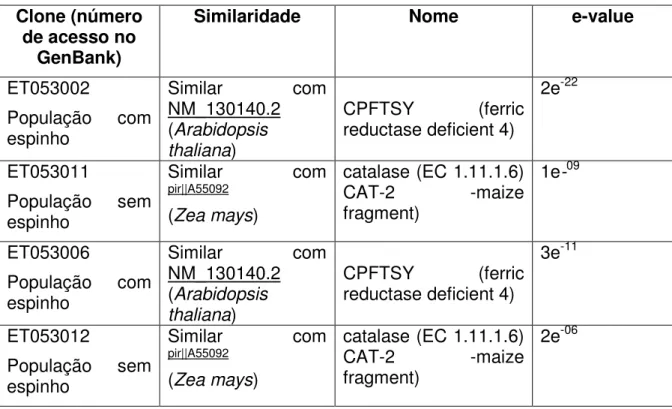 Tabela 3: Análise de Bioinformática (BLASTx) dos clones selecionados por RAPD  em Caryocar brasiliense (Cambess.) com e sem espinho no caroço
