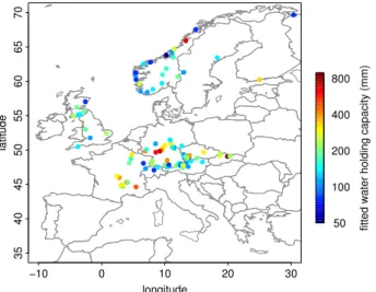 Fig. 4. (a) Fitted normalised runoff (Eq. 2) and ET (Eq. 3) functions for the Le Saulx catchment in eastern France (indicated by an arrow in Fig