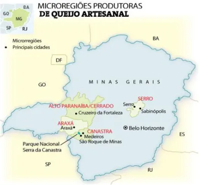 Figura 1: Principais regiões produtoras de queijos artesanais, MG, Brasil.