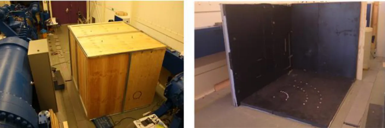 Figure  3.15  –   Outside  view  of  the  anechoic  chamber  and  inside  view  with  nozzle  and  microphone (de Boer, 2011)