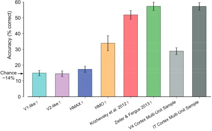 Fig. 5. Linear-SVM generalization performance of neural and model representations. Testing set classification accuracy averaged over 10 randomly-sampled test sets is plotted and error bars indicate standard deviation over the 10 random samples