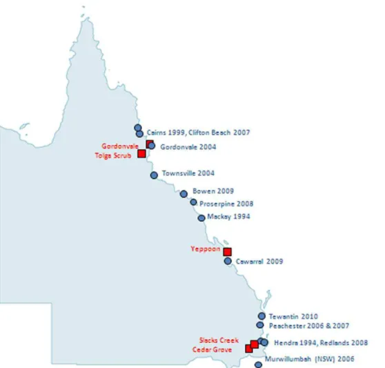 Figure 2. Map of Queensland with outbreaks in horses (blue circles) and sites of HeV detection from flying fox roosts (red squares).