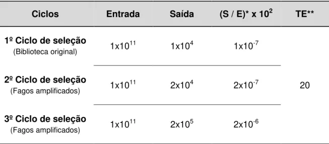 Tabela  2:  Taxas  de  enriquecimento  observadas  durante  as  seleções  biológicas  utilizando  biblioteca Ph.D.-C7C