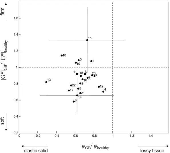 Figure 3. Viscoelastic properties of GB based on the parameter ratios of |G*| and Q between tumor and healthy reference tissue (ref)