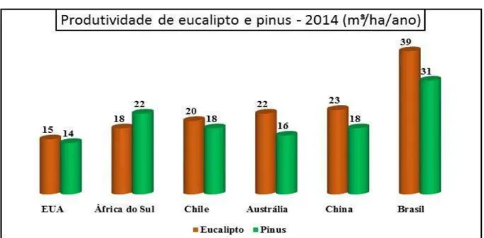 Gráfico 9  − Comparação da produtividade de eucalipto e pinus em países selecionados (2014) 