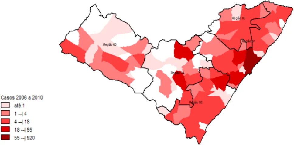 Figura 02 – Distribuição dos casos de segundo municípios e região de residência,  Alagoas, 2006-2010