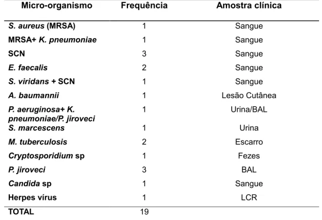 Tabela  7:  Distribuição  da  infecção  por  outros  micro - organismos  isolados  dos  pacientes com Criptococose durante a internação no HCU, 2004-2013 
