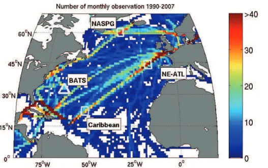 Fig. 1. Map of the total number of monthly underway observation of surface ocean pCO 2 from the SOCAT database binned into one degree boxes
