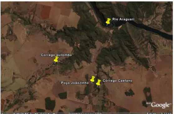 Figura 2: Foto de satélite retirada do software online Google Earth, mostrando a  localização dos pontos de coleta em relação ao Rio Araguari 