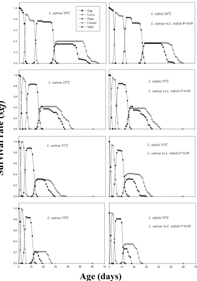 Figure 1. Age-stage specific survival rate ( s xj ) of Liriomyza sativae and L. trifolii under different constant temperatures.