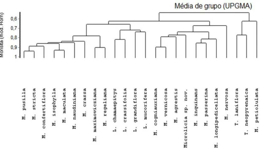 Figura  38.  Dendograma  da  análise  de  similaridades  entre  espécies  dos  gêneros  Lavoisiera,  Microlicia  e  Trembleya,  utilizando  o  índice  de  Morisita (Shepherd 2010)