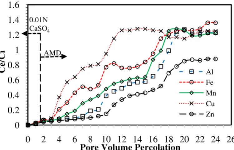 Fig. 3b. Effluent breakthrough curves from Soil K solute-solvent interaction 