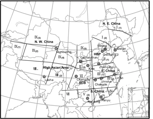 Figure 1. Locations of thirteen CAWNET stations and nine similar visibility changing regions in China (Zhang et al., 2012a).