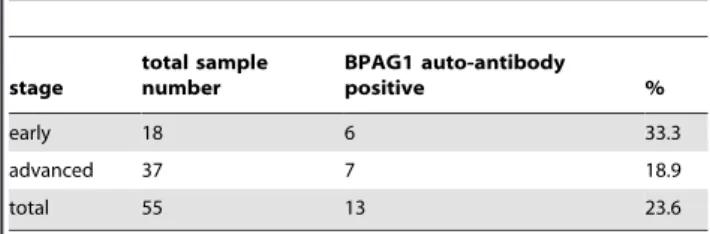 Table 1. Positive rates of serum anti-BPAG1 auto-antibody in stage-classified melanoma patients.