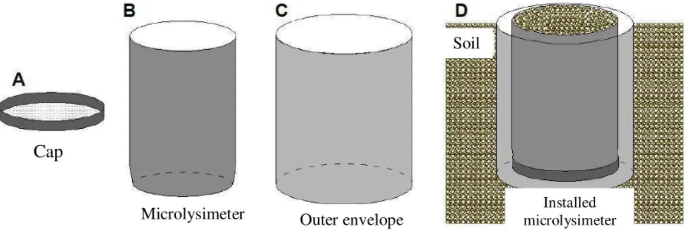 FIGURE 1. Components of a microlysimeter system for measurement of soil evaporation, in which  (A) is cap to avoid drainage, (B) is microlysimeter, (C) is outer envelope, and (D) is  installed microlysimeter