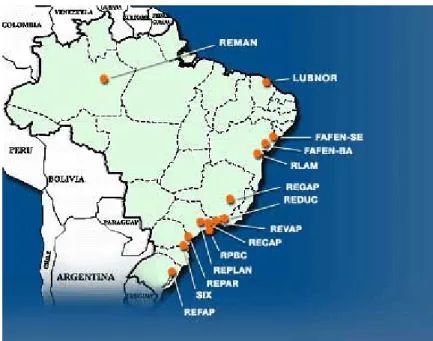 Figura 2.2 Localizações das refinarias pertencentes à Petrobrás no Território Brasileiro.