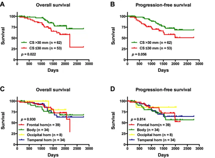 Fig 4. The overall survival (OS) and progression-free survival (PFS) of patients with tumors involving the subventricular zone (SVZ)