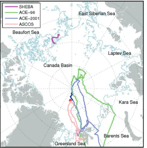 Fig. 1. Map with expedition tracks for ASCOS (red), the Arctic Ocean Experiment 2001 (AOE- (AOE-2001; blue), the Arctic Ocean Experiment 1996 (AOE-96; green) and the Surface Heat Balance of the Arctic (SHEBA; magenta, July and August only)