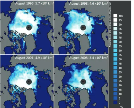 Fig. 3. Mean August sea-ice cover fraction for (a) 1996, (b) 1998, (c) 2001 and (d) 2008, from SSM/I satellite observations