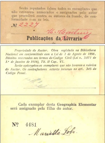 FIGURA  01  – Atos  de  controle  e  advertência  contra  a  pirataria  de  obras  didáticas  em  exemplares de Henrique Martins 23  (1896), Carlos Góes 24  (1918) e José Theodoro de Souza  Lobo 25  (1927)