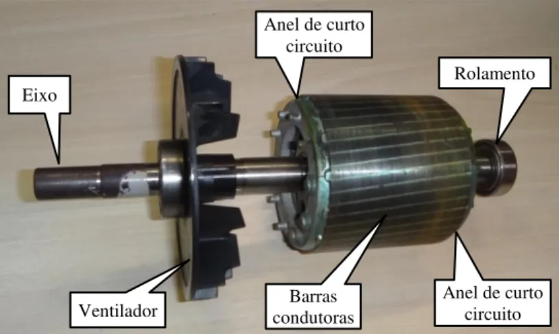 Figura 2.1 – Vista do rotor gaiola de esquilo de um MIT, o ventilador e o pacote rotórico