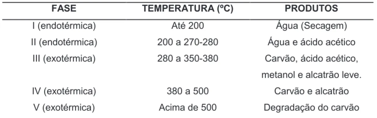 Tabela 2.4: Fases da degradação térmica da biomassa e formação de subprodutos (Fonte: 