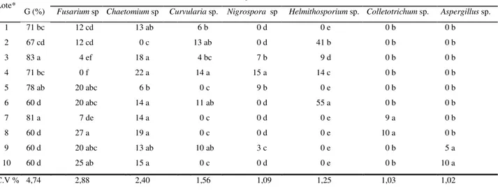 Tabela  3.  Germinação  (G)  e  incidência  de  fungos  em  sementes  comerciais  de  Brachiaria  brizantha cv