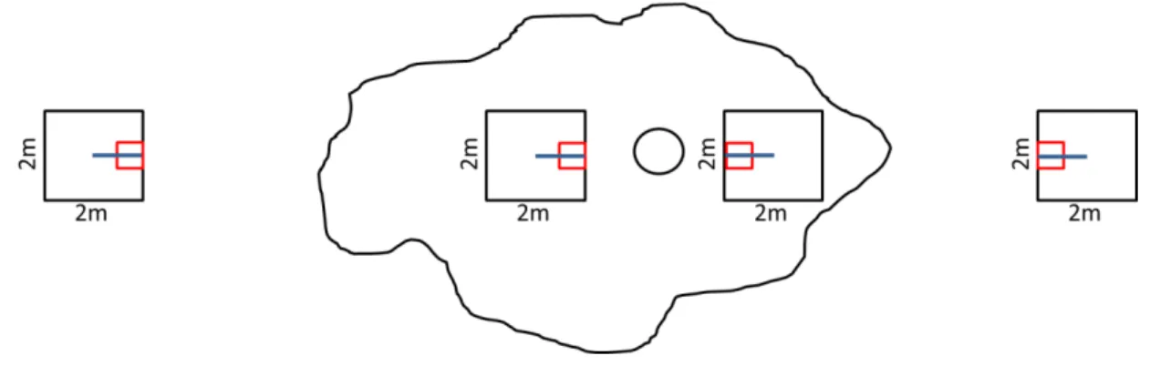 Figura 2.3 - Esquema do posicionamento das duas metodologias utilizadas para medir cobertura do solo  nas parcelas (2 m x 2 m) dentro e fora da área de copa das árvores isoladas (linha preta irregular) em  pastagem abandonada