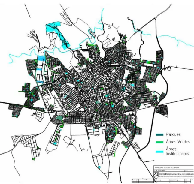 Figura 4.2: Mapa das Áreas Verdes e Áreas Institucionais da cidade de Uberaba, utilizado pela PMU  Modificado: PMU- 2007a 