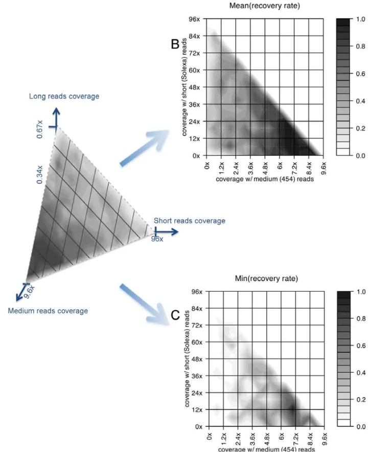 Figure 3. Simulation results on the reconstruction of a large novel insertion. The simulation results of the recovery rates of novel insertions when we combine long, medium and short sequencing technologies with a fixed total cost and reconstruct a ,10 Kb 