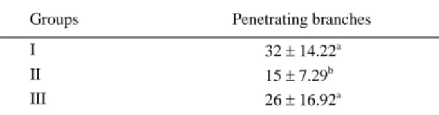 Table 2 – Mean and relative standart deviations of the penetrating branches with different degrees of scrotal division in caprines testicles.