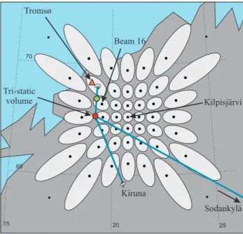 Fig. 1. Experimental setup diagram showing the IRIS and EISCAT fields-of-view. The dots (ellipses) represent the intersection of the principal directions (−3 dB riometer beams) with the ionosphere at a height of 90 km