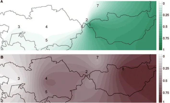 Figure 2. Spatial frequency distribution maps of East Eurasian lineages. A- Pre-Iron Age period; B- Iron Age period