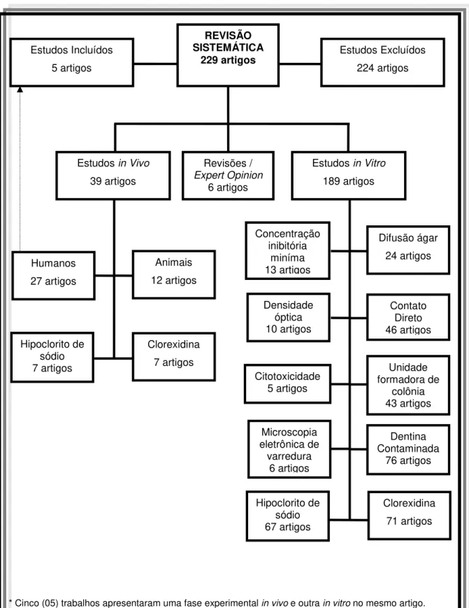 Figura 1 - Delineamento do processo de distribuição dos artigos para a revisão  sistemática de acordo com a metodologia e a solução irrigadora empregada