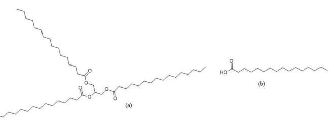 Figura 2.2- Estrutura Molecular da Triestearina (a) e do ácido esteárico (b)  Fonte: Banco de dados Chemical Book (2014) 