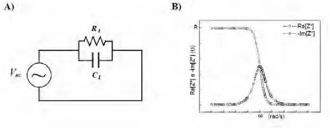 Figura 1.1-4: A) Representação de um circuito RC em paralelo. B) Impedância real e imaginária vs
