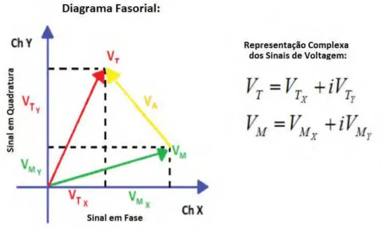 Figura 2.1-3: Diagrama Fasorial e representação complexa dos sinais de V M   e V T   obtidos experimentalmente