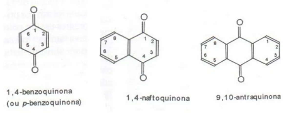 Figura 1- Estrutura química das três classes de quinonas: benzoquinona,  antraquinona e naftoquinona