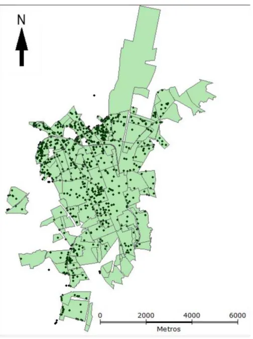 Figura 2: Localização dos casos positivos de dengue em 127 bairros no município de Rio Claro - SP