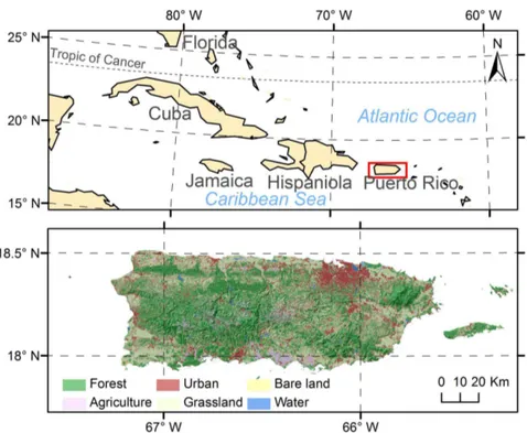 Figure 1. Location, geomorphology, and land cover in 2000 of Puerto Rico (Land cover information from Kennaway and Helmer, 2007).