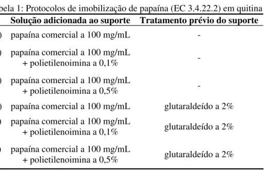 Tabela 1: Protocolos de imobilização de papaína (EC 3.4.22.2) em quitina  Solução adicionada ao suporte  Tratamento prévio do suporte  A)  papaína comercial a 100 mg/mL  - 