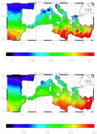 Fig. 1. An example of OISST daily map on 29 December 2000 (a) and climatological mean of all years (b).