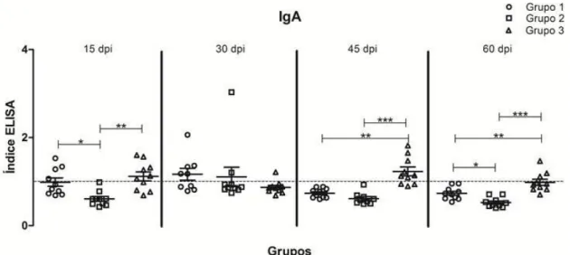 Figura 6.  Detecção de anticorpos IgA por ensaio  imunoenzimático (ELISA), no soro de  camundongos  imunizados  com  bacteriófago  mCc48  (G1),  com  peptídeo  sintético  sCc48  (G2), e PBS (G3 e G4)