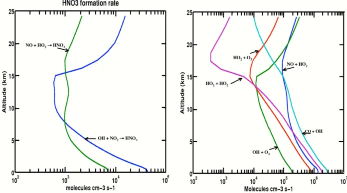 Fig. 2. Left panel (a): rate of formation of HNO 3 at the equator for March calculated from the 2-D model run NEW2D for the reactions OH+NO 2 (blue line) and NO+HO 2 (green line)