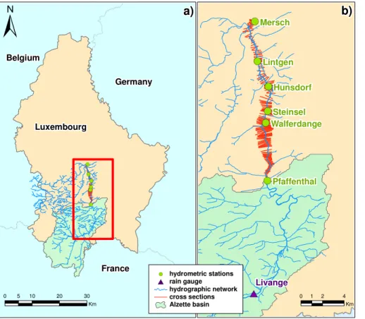 Fig. 1. Study site in the Alzette River basin showing: (a) the drainage area down to Pfaffen- Pfaffen-thal and the 19 km river reach whose geometry is represented by the cross sections, (b) the hydrometric stations along the river.