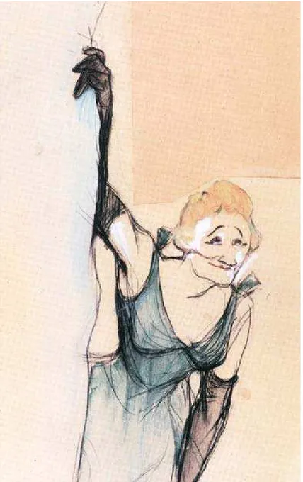 Figura 9 – HENRY de TOULOUSE-LAUTREC, Yvette Gilbert recebendo os aplausos da platéia, 1894, aquarela, crayon e óleo sobre papel montado em cartão, 48 x 25 cm, Museum of Art, Rhode Island School of Design, Providence