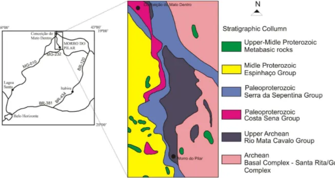 FIGURE 1.  Simplified geological map of the study area and its location at the Minas Gerais state.